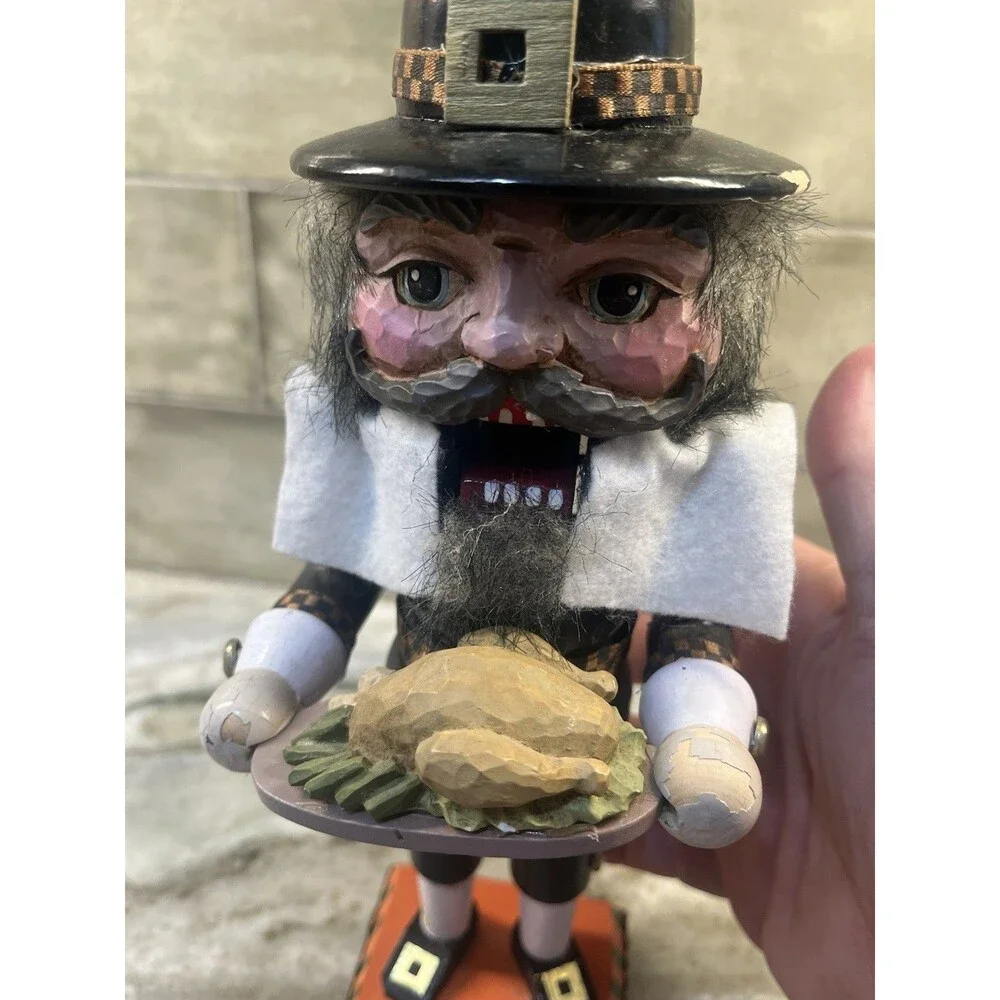 Vintage BRN Designs Nutcracker Pilgrim Holding Turkey Thanksgiving Decor 11.5”